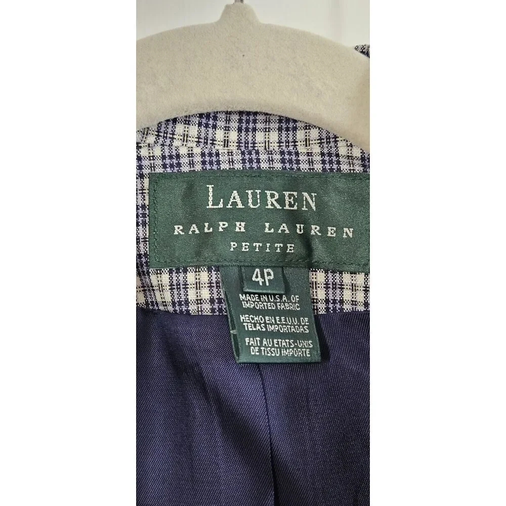 VTG LAUREN Ralph Lauren plaid blazer 100% Linen‎ petite 4P USA made
